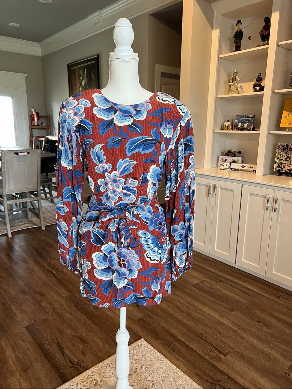 RHODE Rust Floral Tie-Waist Long Sleeve Tunic with Blue Blooms